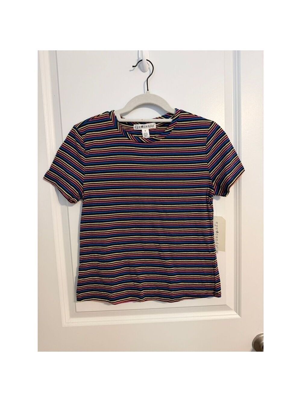 Eye Candy Rainbow Stripe T-Shirt NWT Black Crew Neck Short Sleeve Tee Girls M